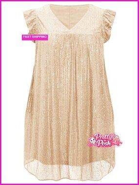 Sequined Plus Size Mini Dress Ruffle Short Sleeve V Neck Babydoll A Line Club